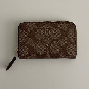 Coach Brown Signature Zip Card Case Wallet with Gold Hardware